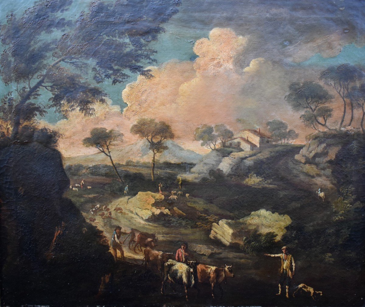 Pair Of Paintings, Northern Italy, 18th Century, Animated Landscapes, Herd Drinking Scenes-photo-2