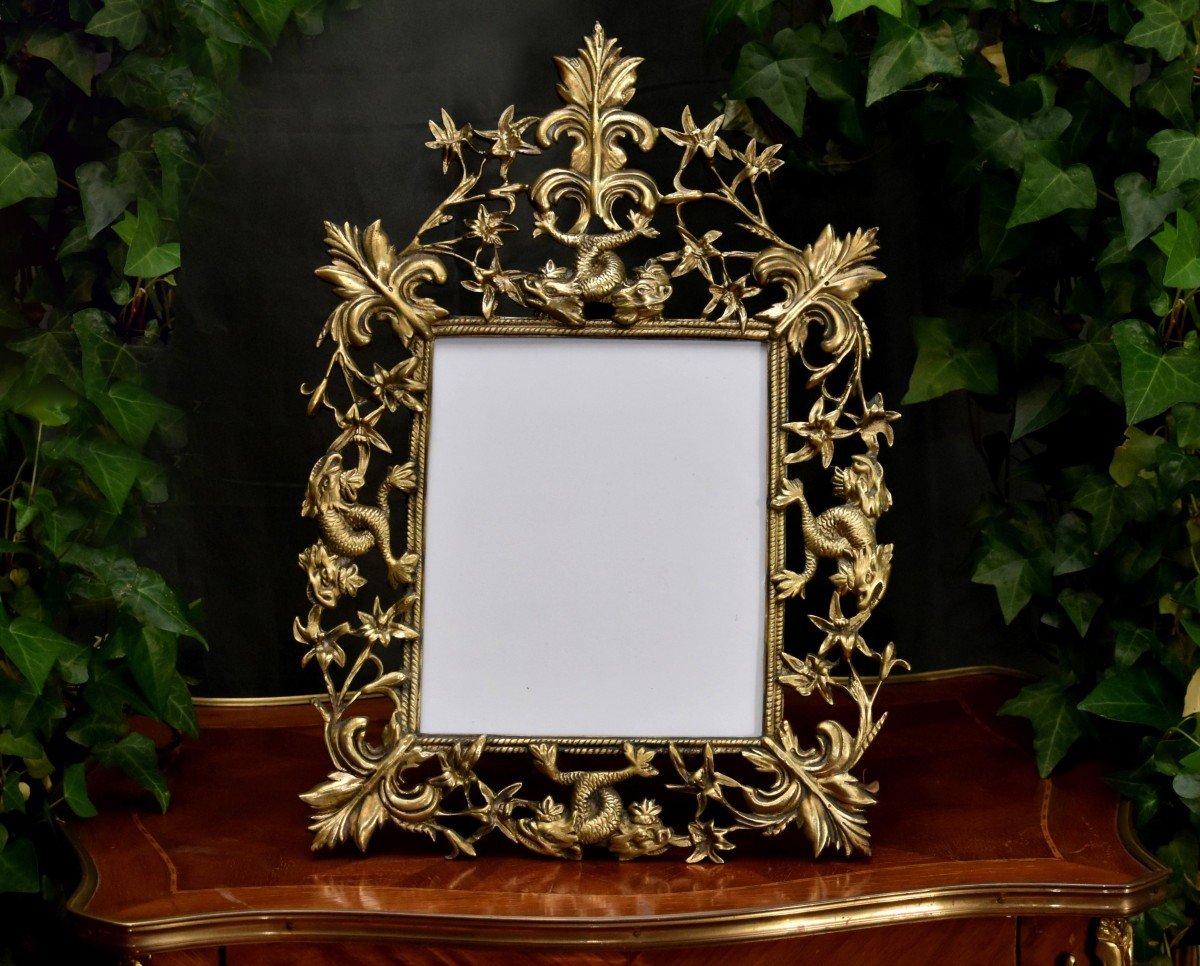 Bronze Easel Frame With Carved And Openwork Pediment, Renaissance Style, To Stand Or Hang.
