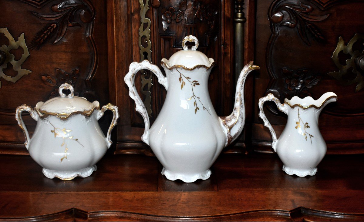 Limoges Porcelain Coffee Service, Decor Made With Gold Paste, And Hand Painted Fine Gold.-photo-1