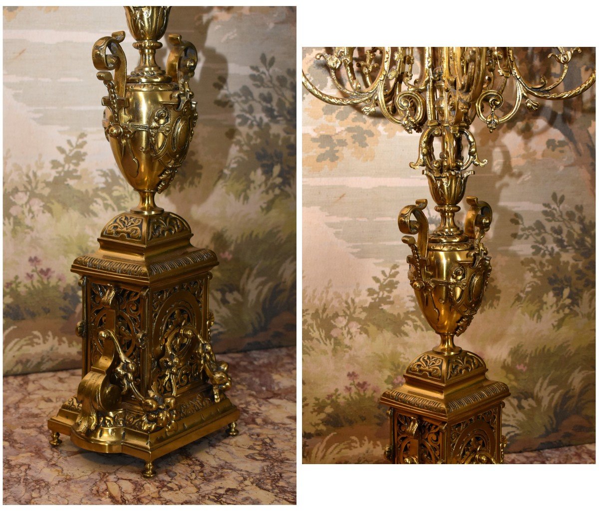 Spectacular Pair Of Candelabras In Neo-gothic Style In Bronze With Six Arms Of Light.-photo-4