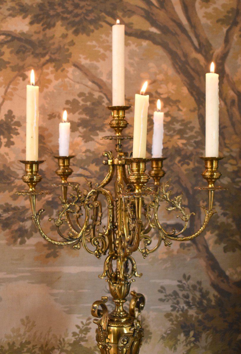 Spectacular Pair Of Candelabras In Neo-gothic Style In Bronze With Six Arms Of Light.-photo-6