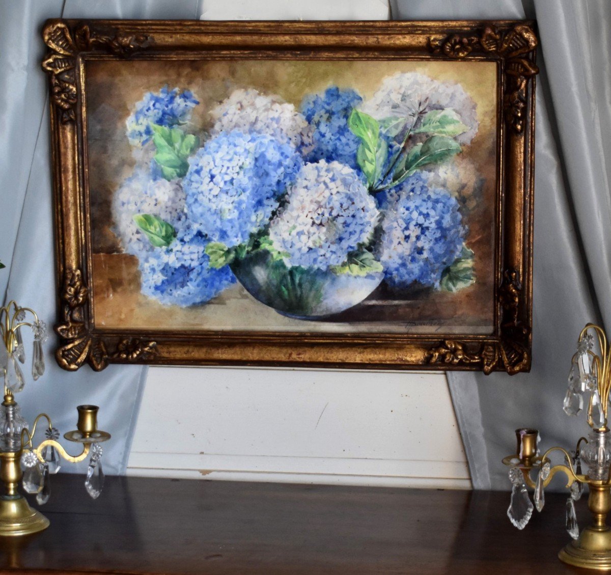 Watercolor, Bouquet Of Flowers "hydrangeas" Carved And Gilded Frame,-photo-2