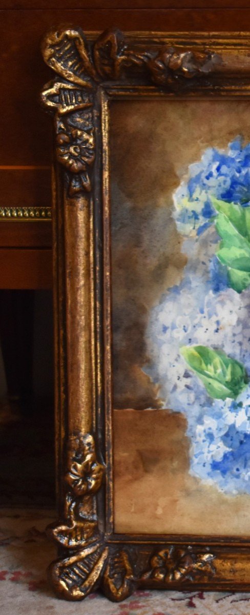 Watercolor, Bouquet Of Flowers "hydrangeas" Carved And Gilded Frame,-photo-4