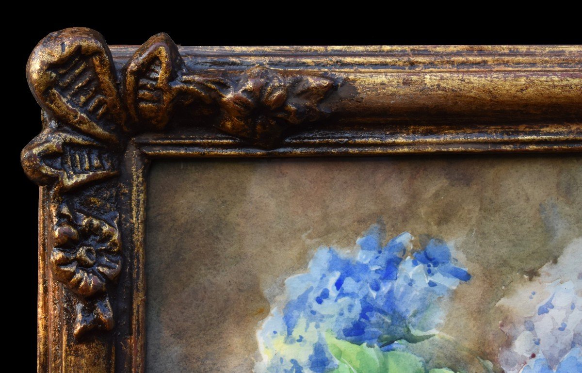 Watercolor, Bouquet Of Flowers "hydrangeas" Carved And Gilded Frame,-photo-5