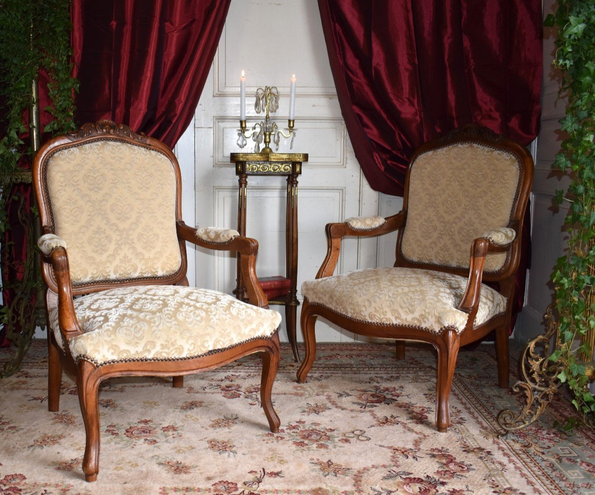 Pair Of Louis XV Style Queen Armchairs In Walnut, Large Backrest, 19th Century. Velvet.-photo-2