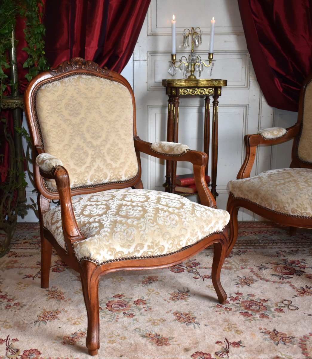 Pair Of Louis XV Style Queen Armchairs In Walnut, Large Backrest, 19th Century. Velvet.-photo-4