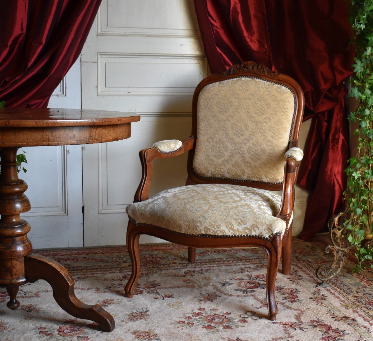 Pair Of Louis XV Style Queen Armchairs In Walnut, Large Backrest, 19th Century. Velvet.-photo-2