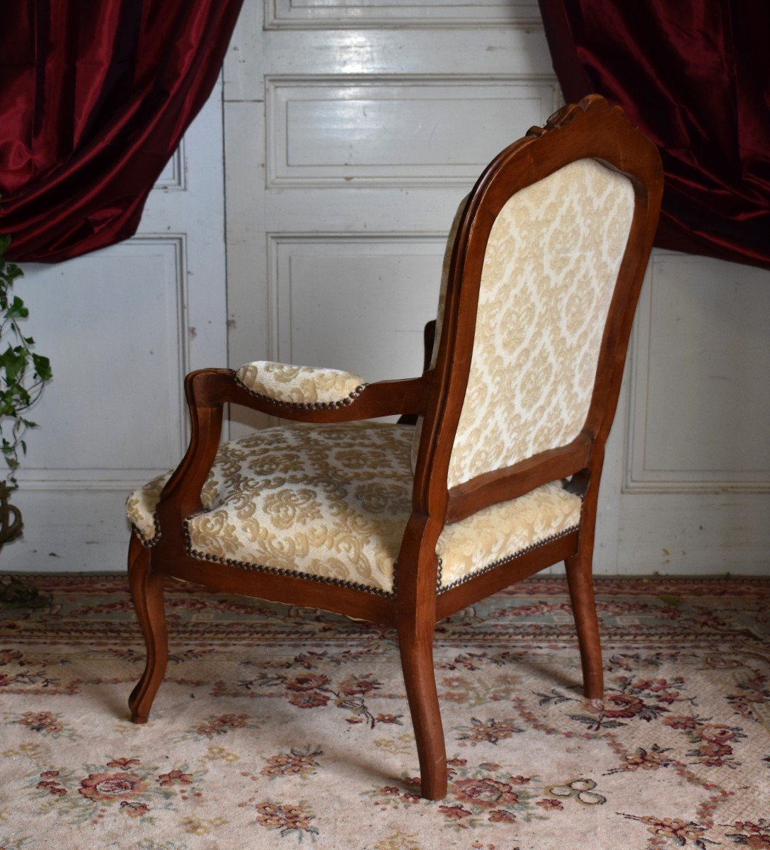 Pair Of Louis XV Style Queen Armchairs In Walnut, Large Backrest, 19th Century. Velvet.-photo-3