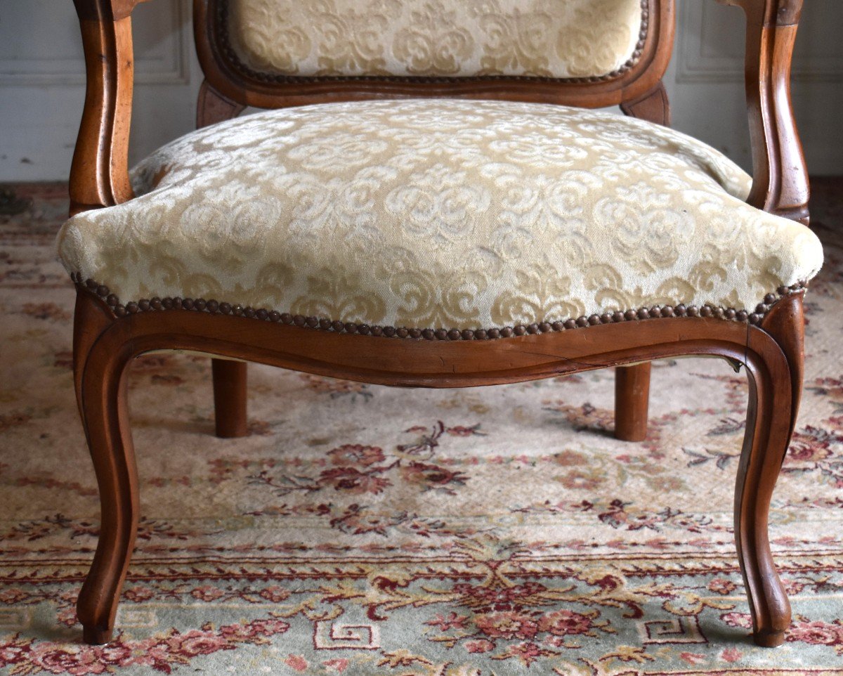 Pair Of Louis XV Style Queen Armchairs In Walnut, Large Backrest, 19th Century. Velvet.-photo-7