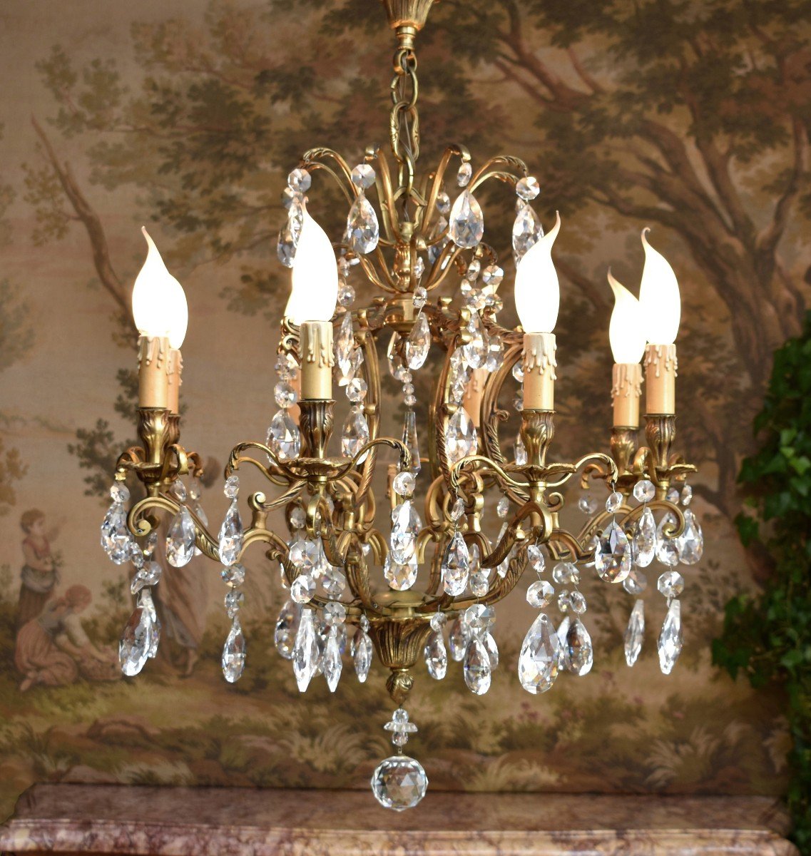 Large Bronze Chandelier And Cage Shaped Pendants, 8 Arms Of Light, Eight Lights.-photo-2