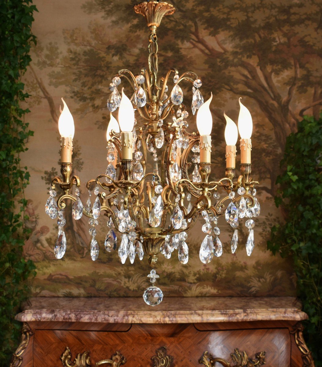Large Bronze Chandelier And Cage Shaped Pendants, 8 Arms Of Light, Eight Lights.