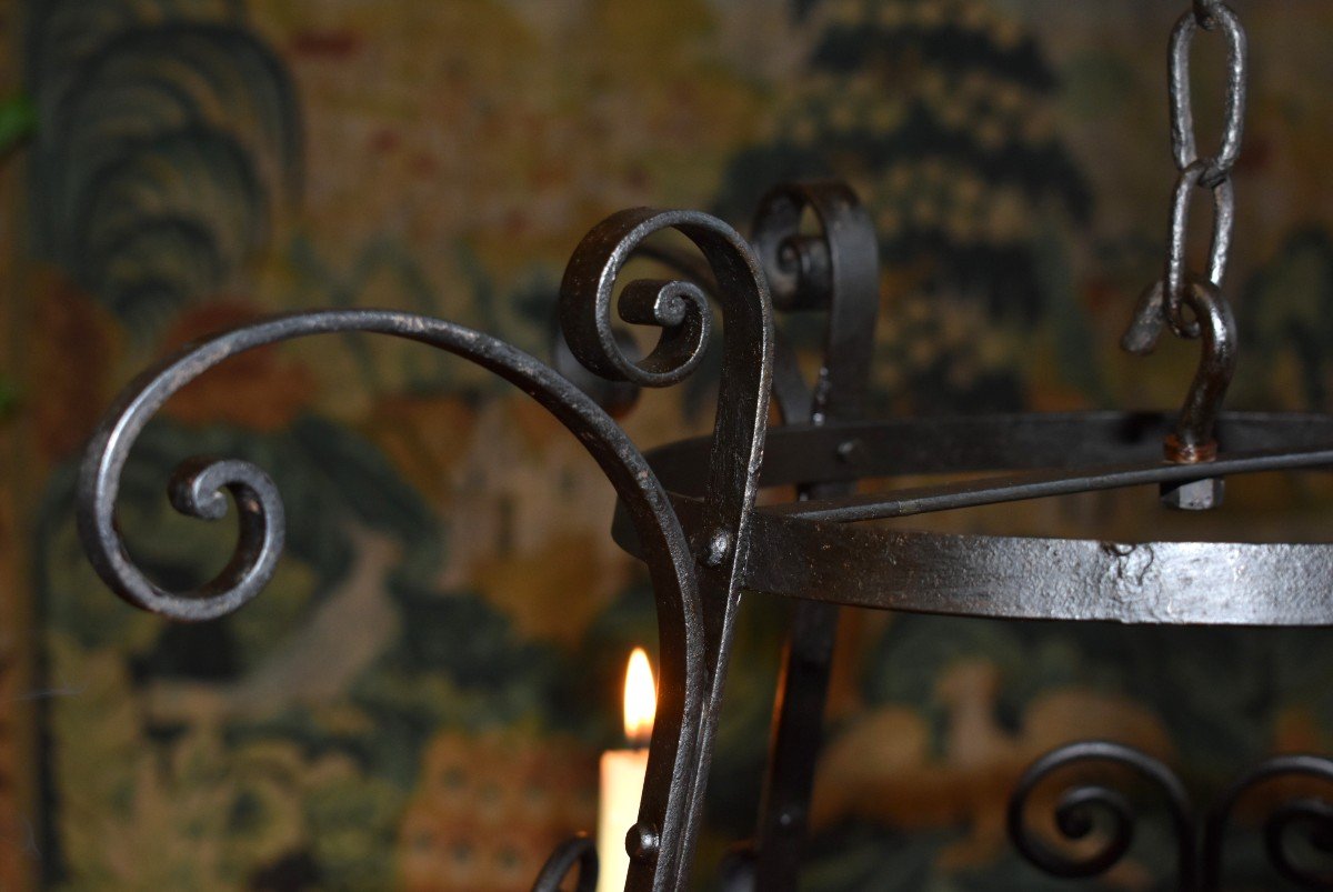 Wrought Iron Chandelier Medieval Style, Haute Epoque, 4 Arms Of Light, Four Candles Lighting-photo-6