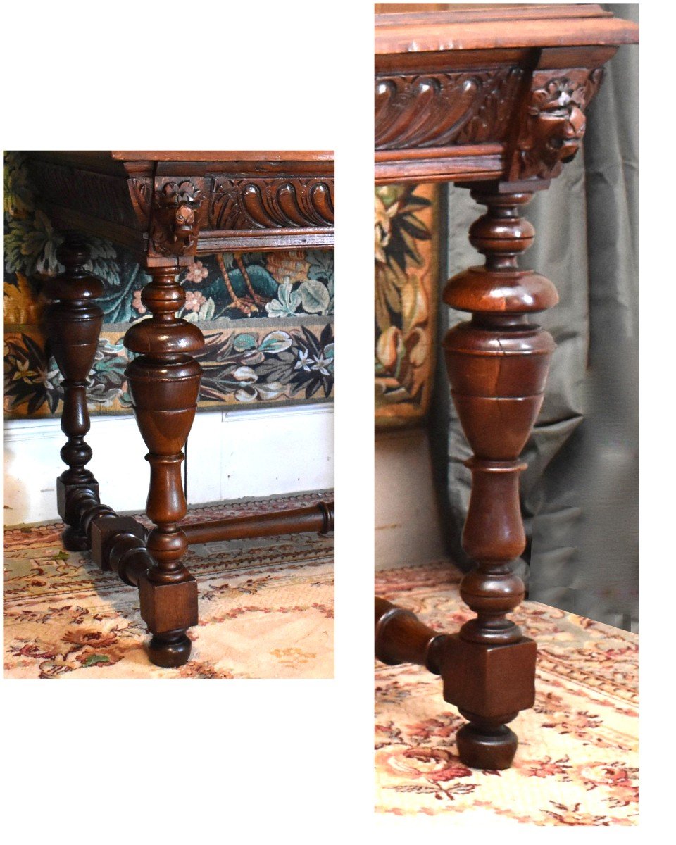 Oak Console, Middle Table, Renaissance Style Desk, Mid-19th Century Side Table-photo-8