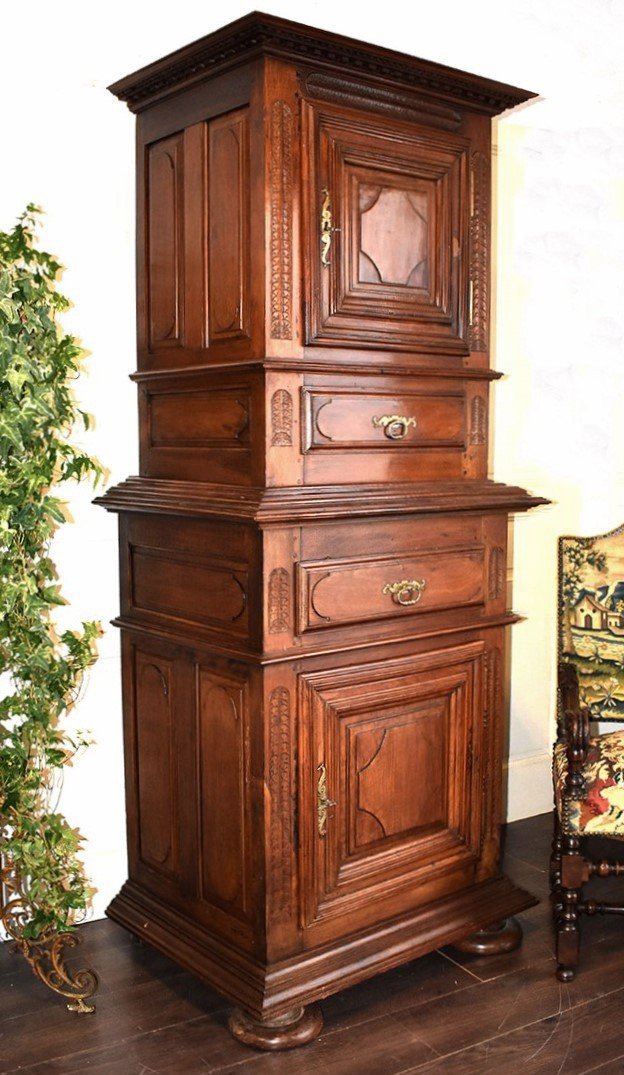 Standing Man In Two Parts, Diminutive Top And Pediment, Solid Walnut, 2 Body Cabinet.-photo-2