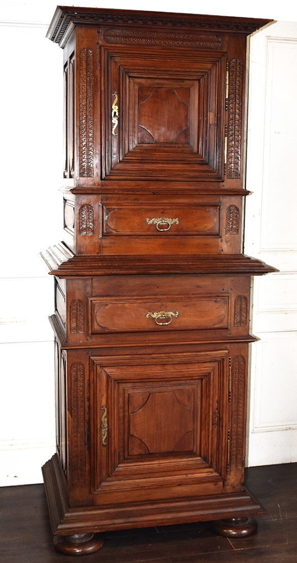 Standing Man In Two Parts, Diminutive Top And Pediment, Solid Walnut, 2 Body Cabinet.-photo-3