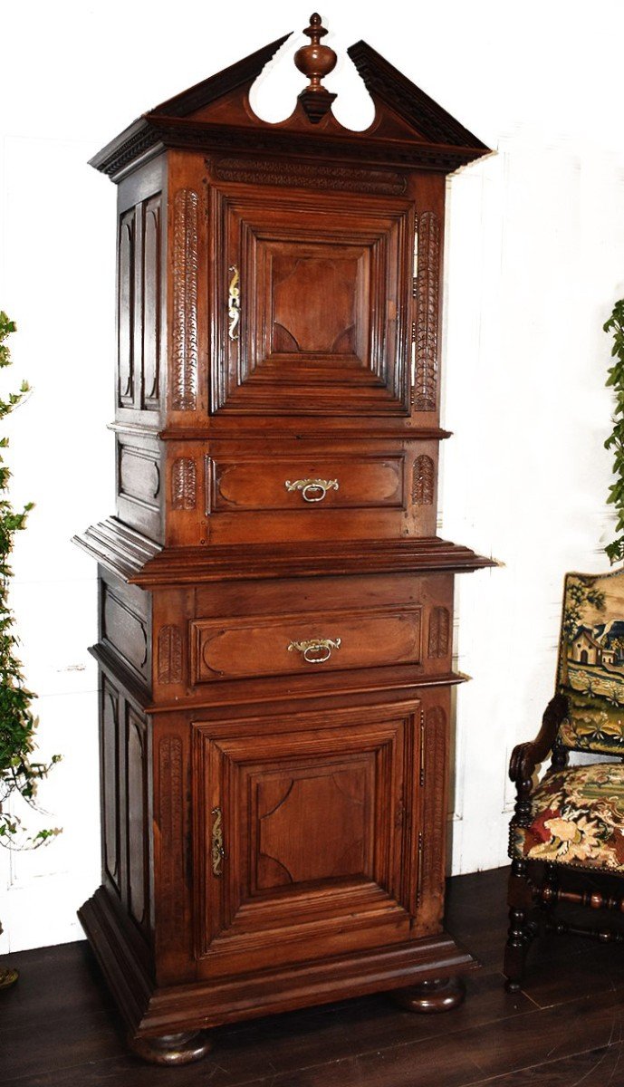 Standing Man In Two Parts, Diminutive Top And Pediment, Solid Walnut, 2 Body Cabinet.-photo-4