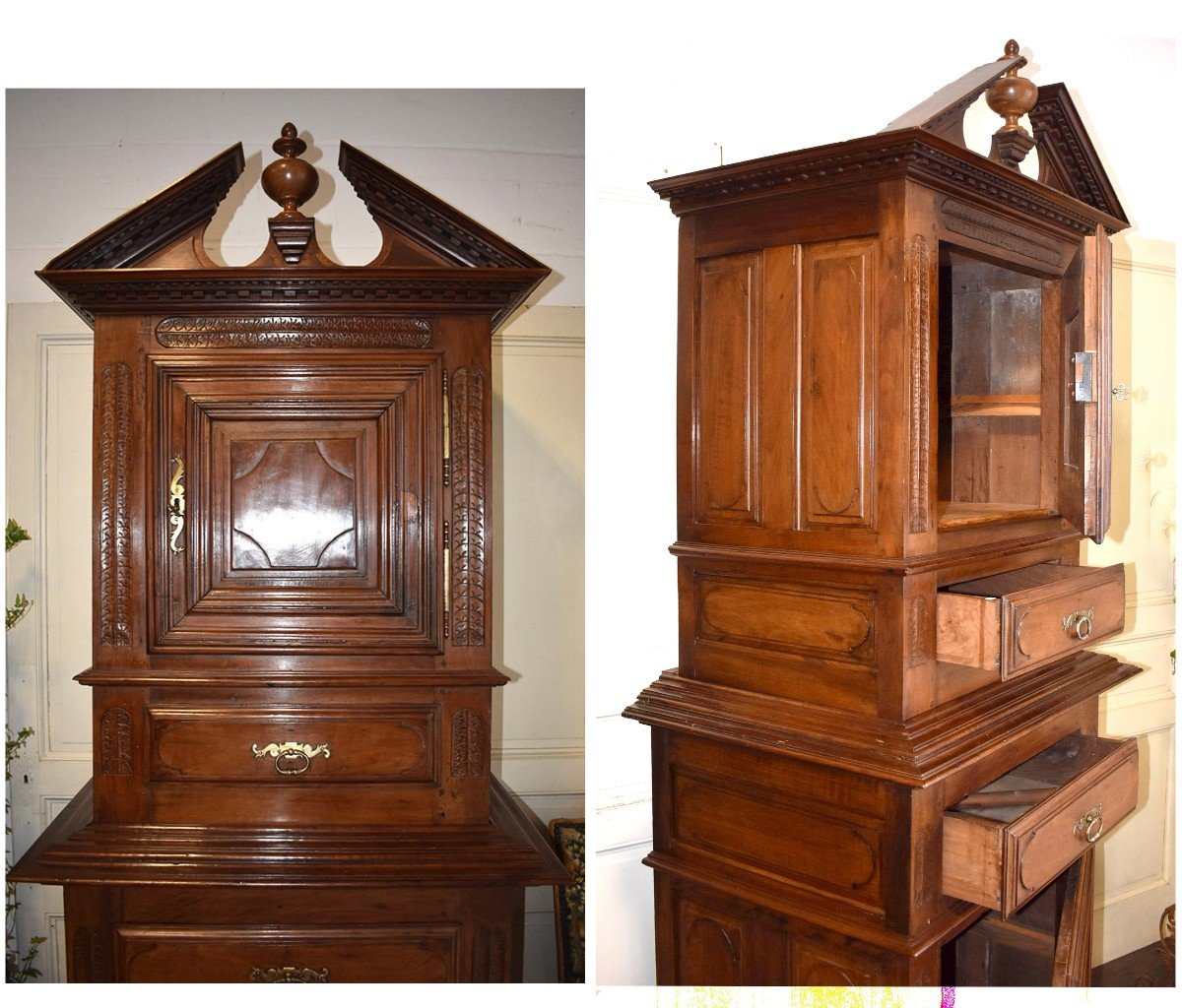 Standing Man In Two Parts, Diminutive Top And Pediment, Solid Walnut, 2 Body Cabinet.-photo-2