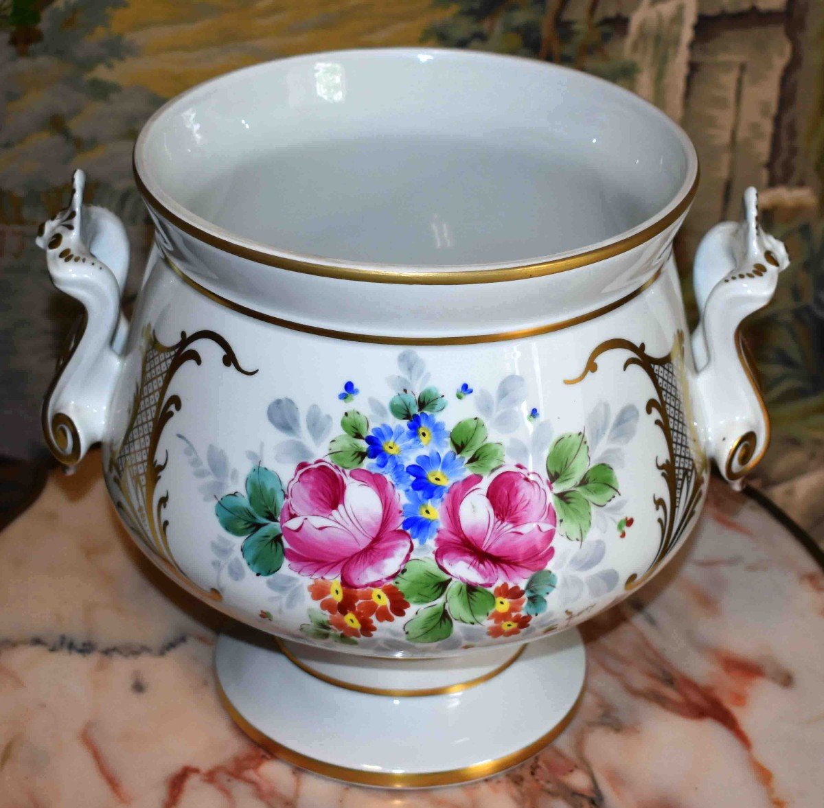 Important Center Table, Limoges Porcelain Planter, Hand Painted, Signed Caffy-photo-4