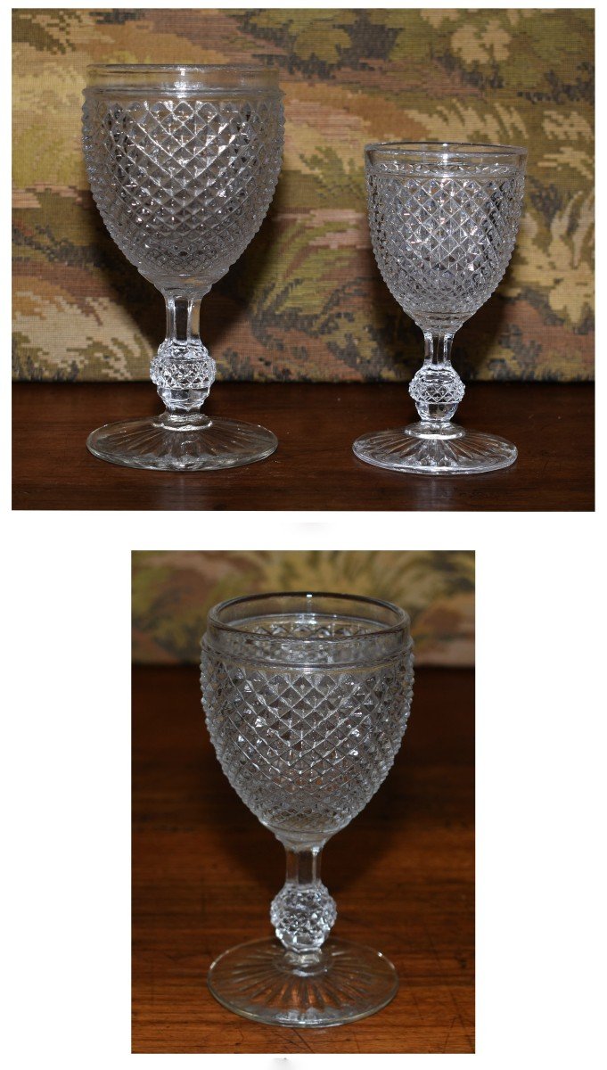 Service De Verres En Cristal De Baccarat Modèle à  pointes de Diamants biseautées ,   Forme Gondole, Deux Carafes décor biseaux.-photo-3