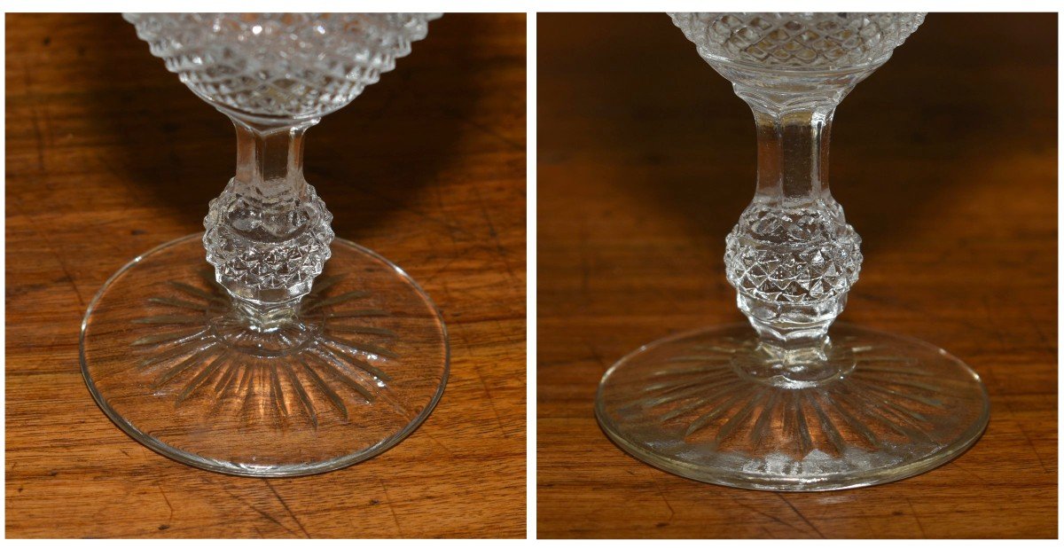 Service De Verres En Cristal De Baccarat Modèle à  pointes de Diamants biseautées ,   Forme Gondole, Deux Carafes décor biseaux.-photo-4