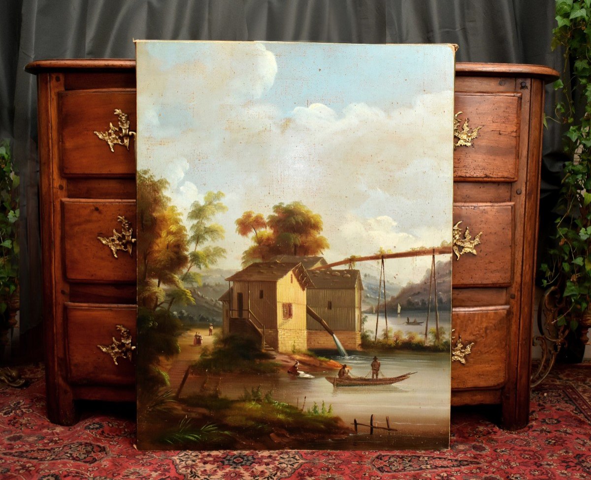 Large Painting, Animated Mountain Landscape, Lake, Aqueduct, Fishermen In Boats, Washerwoman-photo-3