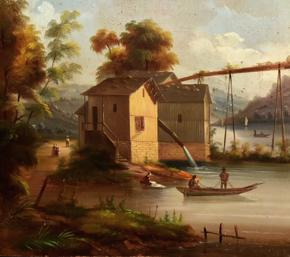 Large Painting, Animated Mountain Landscape, Lake, Aqueduct, Fishermen In Boats, Washerwoman-photo-4