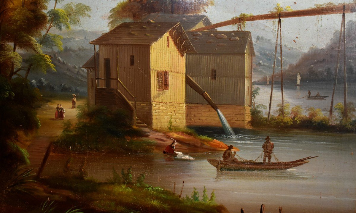 Large Painting, Animated Mountain Landscape, Lake, Aqueduct, Fishermen In Boats, Washerwoman-photo-1