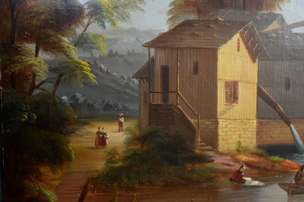 Large Painting, Animated Mountain Landscape, Lake, Aqueduct, Fishermen In Boats, Washerwoman-photo-2