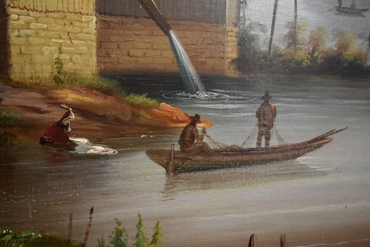 Large Painting, Animated Mountain Landscape, Lake, Aqueduct, Fishermen In Boats, Washerwoman-photo-3