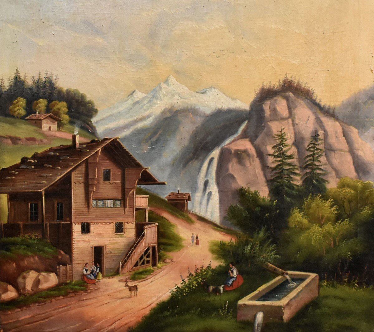 Large Painting, Animated Mountain Landscape, Shepherdess Chalet And Her Flock, Scene Of Life.-photo-3