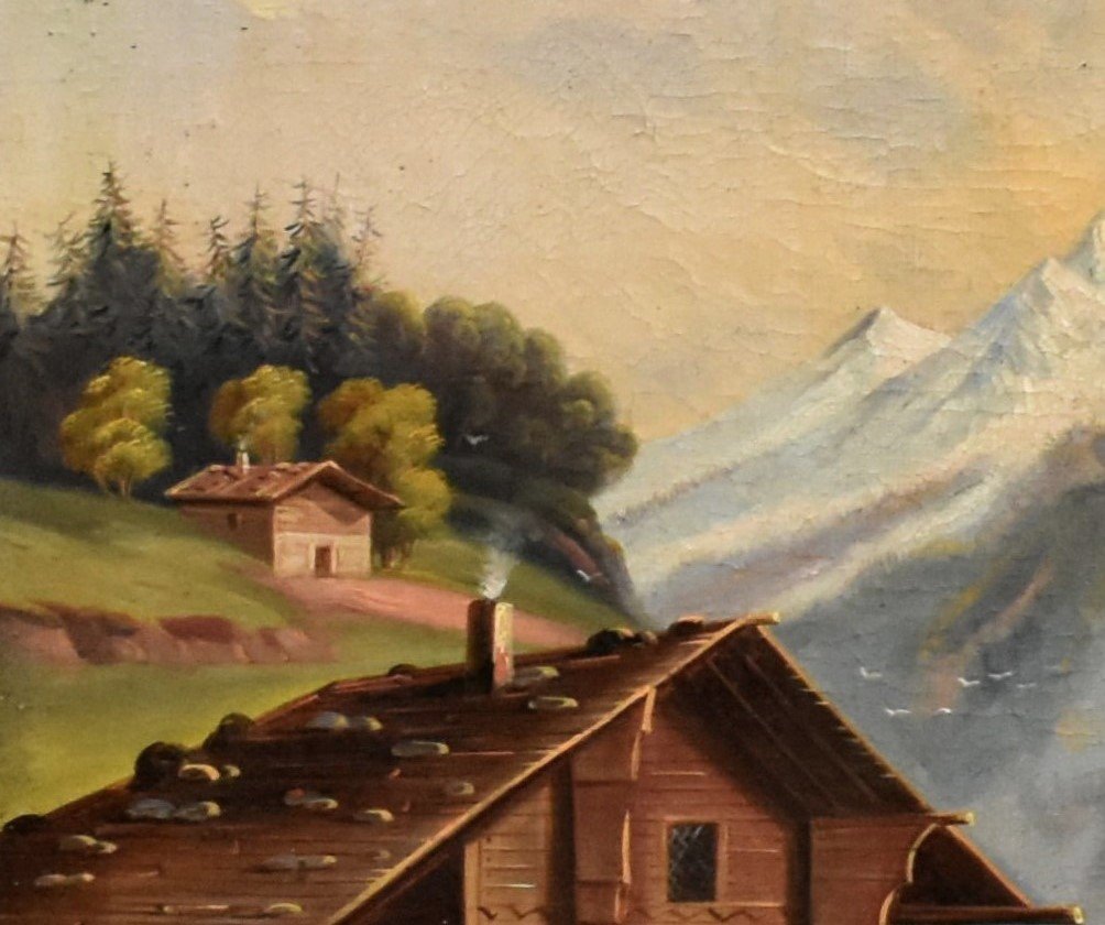 Large Painting, Animated Mountain Landscape, Shepherdess Chalet And Her Flock, Scene Of Life.-photo-4
