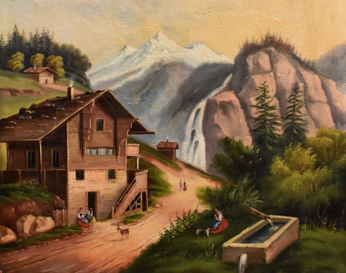 Large Painting, Animated Mountain Landscape, Shepherdess Chalet And Her Flock, Scene Of Life.-photo-1