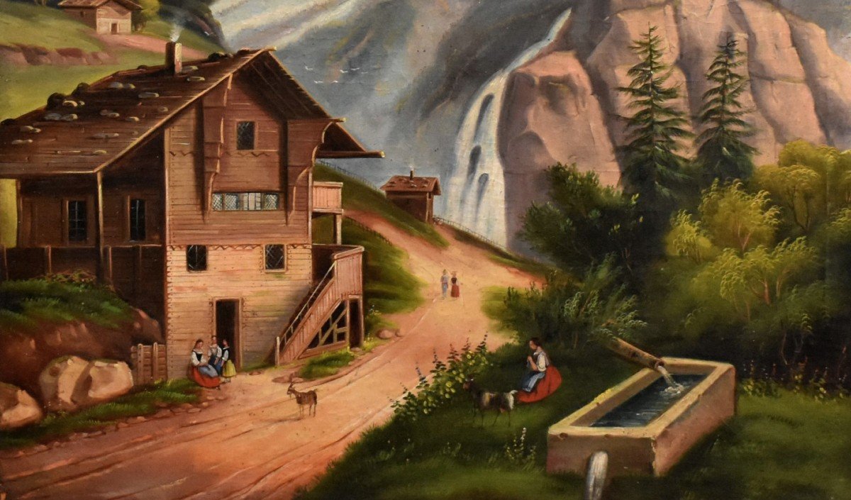 Large Painting, Animated Mountain Landscape, Shepherdess Chalet And Her Flock, Scene Of Life.-photo-2