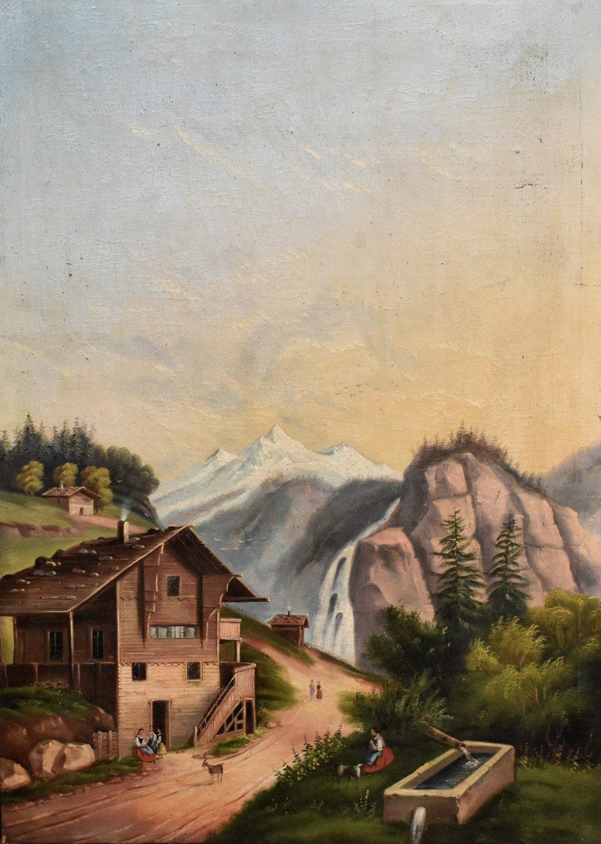 Large Painting, Animated Mountain Landscape, Shepherdess Chalet And Her Flock, Scene Of Life.