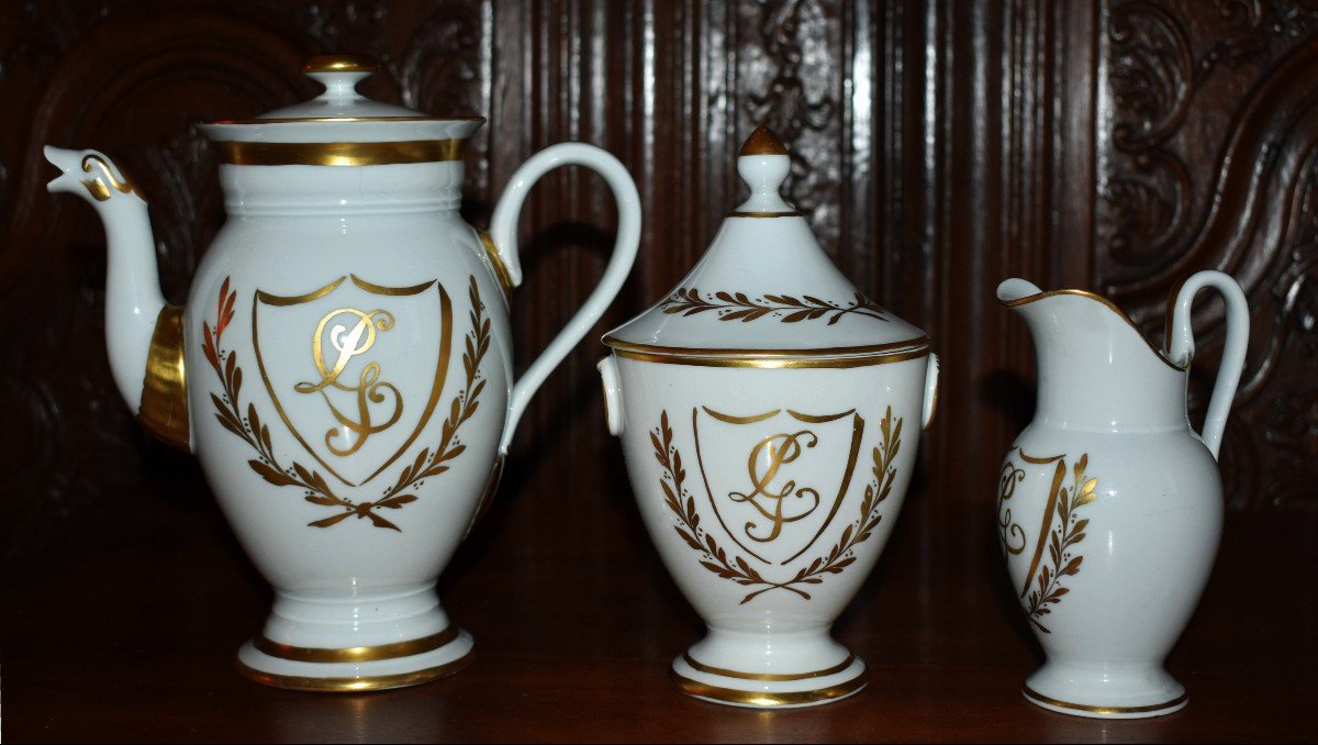 Limoges Porcelain Coffee Service With Laurel Decor And Lg Monogram, Empire Style.-photo-3