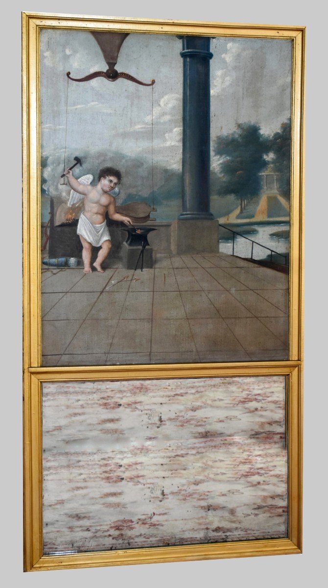 Grand Trumeau XIXe ,peinture   Huile Sur Toile Cupidon Forgeant Ses Flèches,  Tableau Et Miroir-photo-2