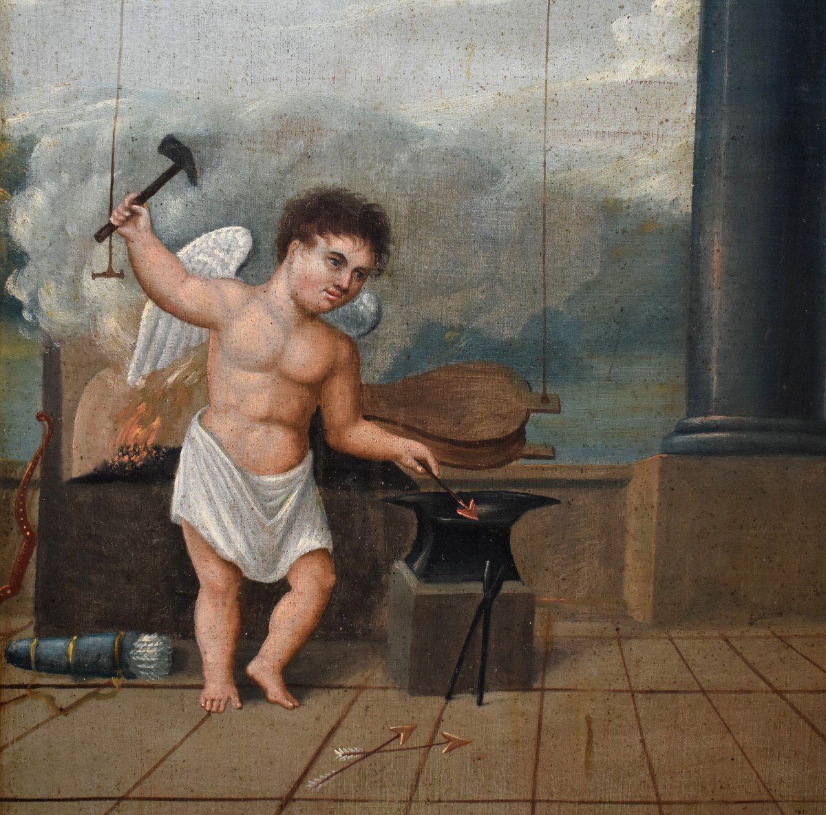 Grand Trumeau XIXe ,peinture   Huile Sur Toile Cupidon Forgeant Ses Flèches,  Tableau Et Miroir-photo-2