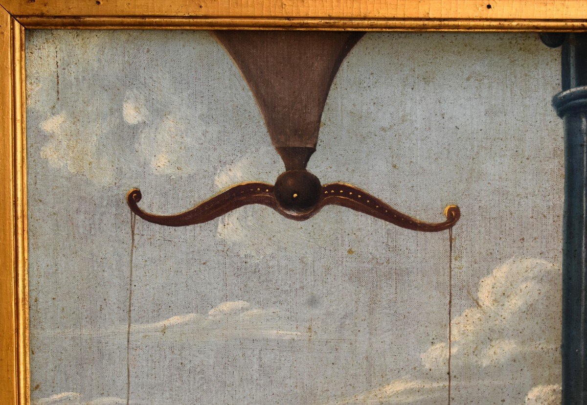 Grand Trumeau XIXe ,peinture   Huile Sur Toile Cupidon Forgeant Ses Flèches,  Tableau Et Miroir-photo-3