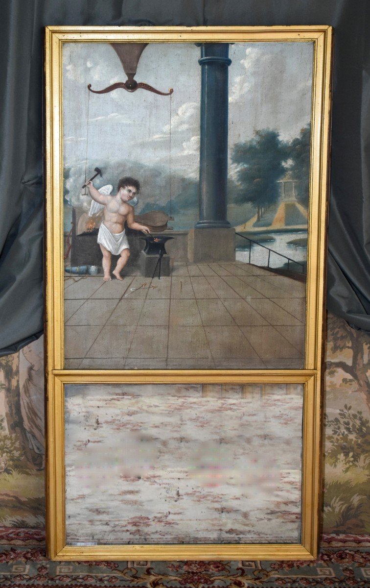 Grand Trumeau XIXe ,peinture   Huile Sur Toile Cupidon Forgeant Ses Flèches,  Tableau Et Miroir