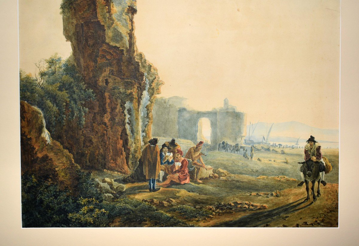 Watercolor After Jan Dirksz Both, Card Players In Front Of Ruins In Italy.-photo-4