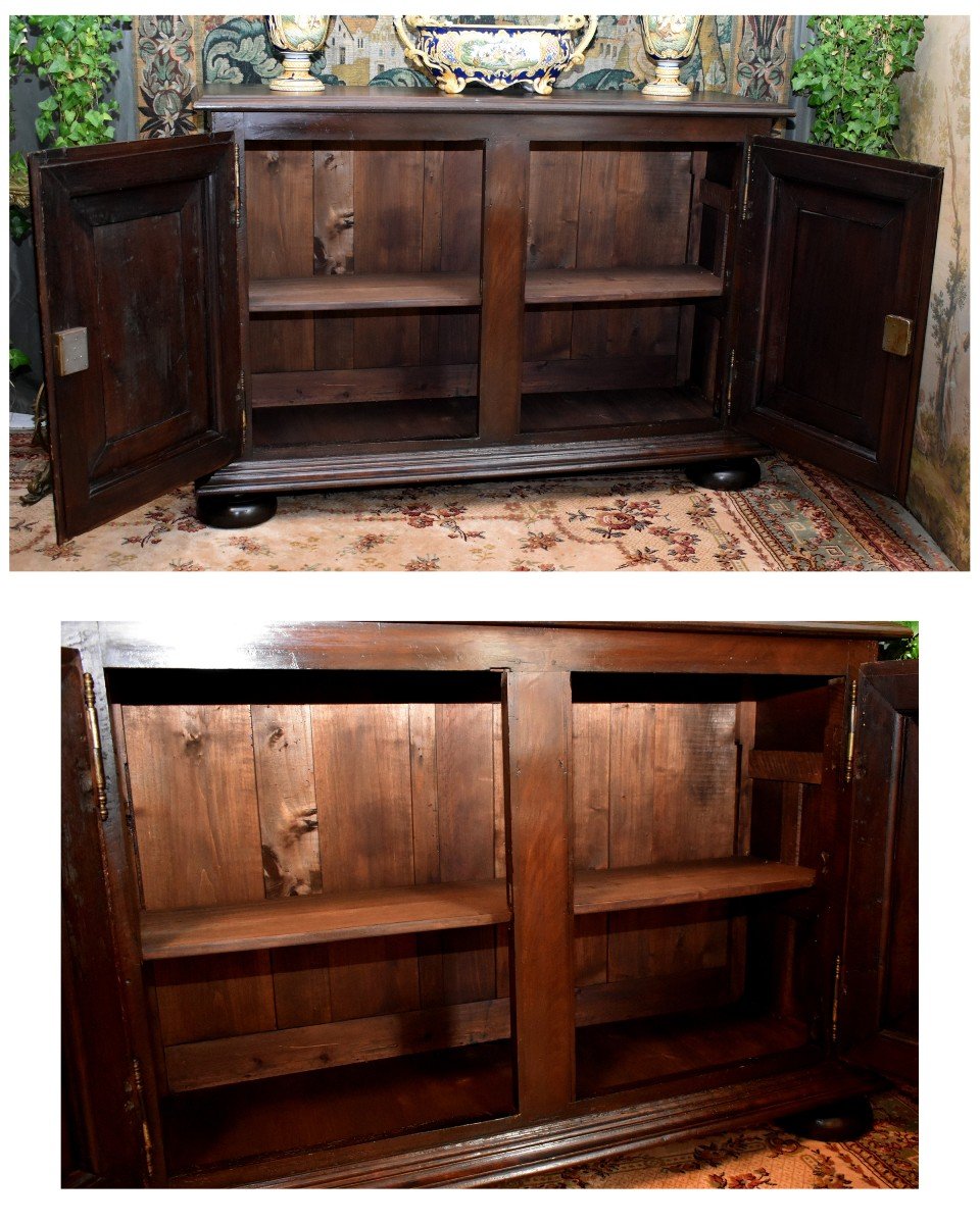 Louis XIII Style Low Buffet In Solid Walnut, With Two Leaves. 2 Diamond Point Doors-photo-7