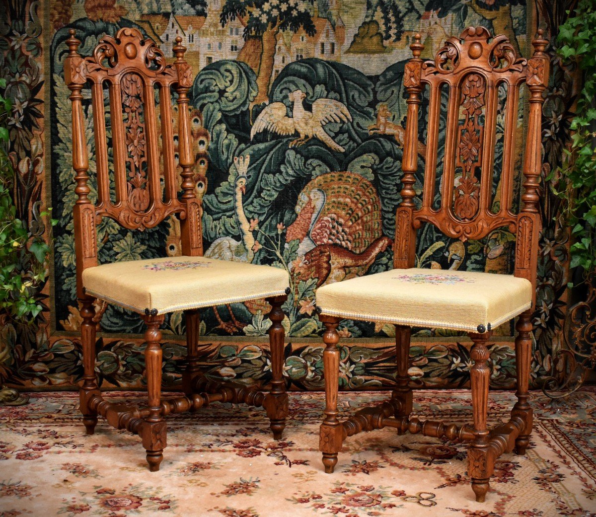 Pair Of Renaissance Style Chairs, Henri II In Solid Oak And Small Dots Fabric.-photo-2