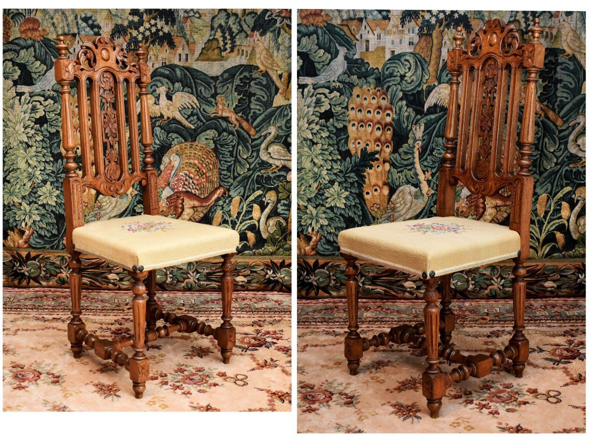 Pair Of Renaissance Style Chairs, Henri II In Solid Oak And Small Dots Fabric.-photo-4