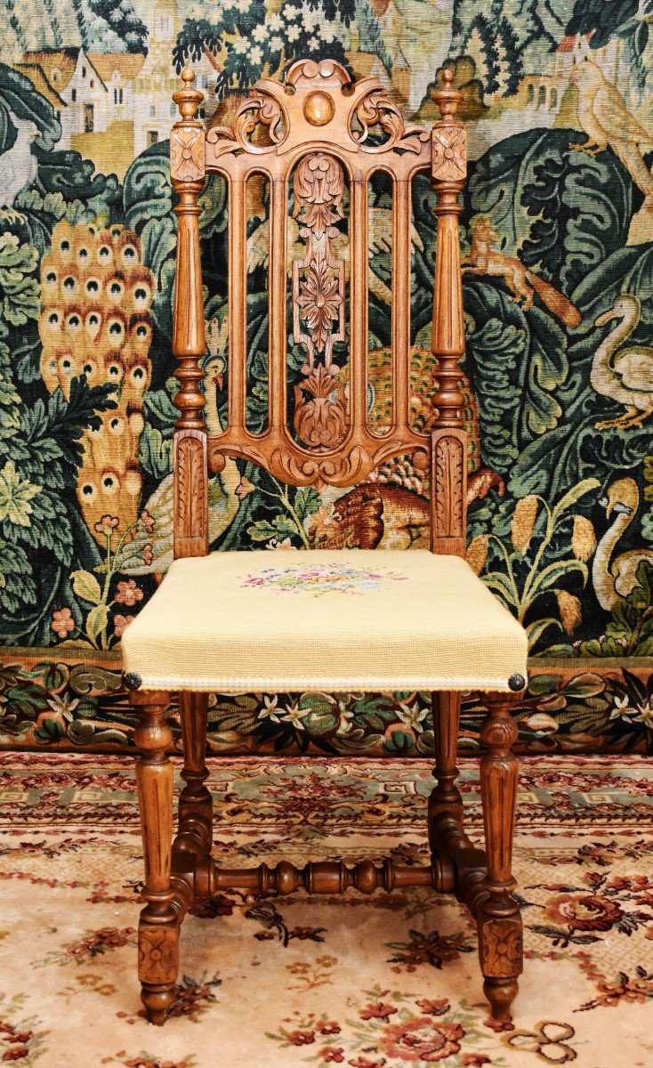 Pair Of Renaissance Style Chairs, Henri II In Solid Oak And Small Dots Fabric.-photo-2