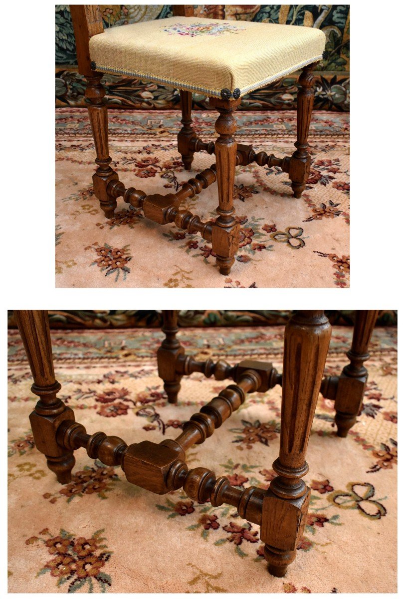 Pair Of Renaissance Style Chairs, Henri II In Solid Oak And Small Dots Fabric.-photo-6