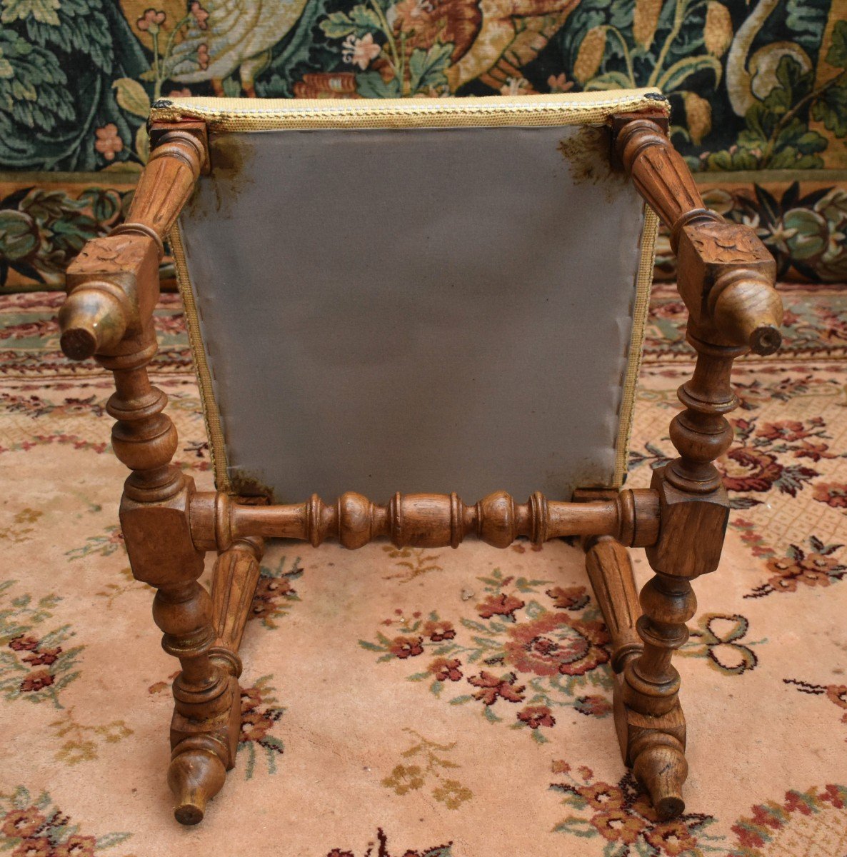 Pair Of Renaissance Style Chairs, Henri II In Solid Oak And Small Dots Fabric.-photo-8