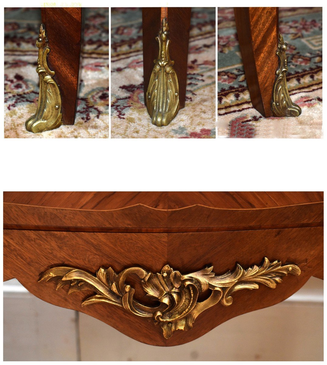 Petite Commode  Sauteuse Marquetée, 2 Tiroirs Style Louis XV , Marqueterie,  Marbre, Bronzes. -photo-4