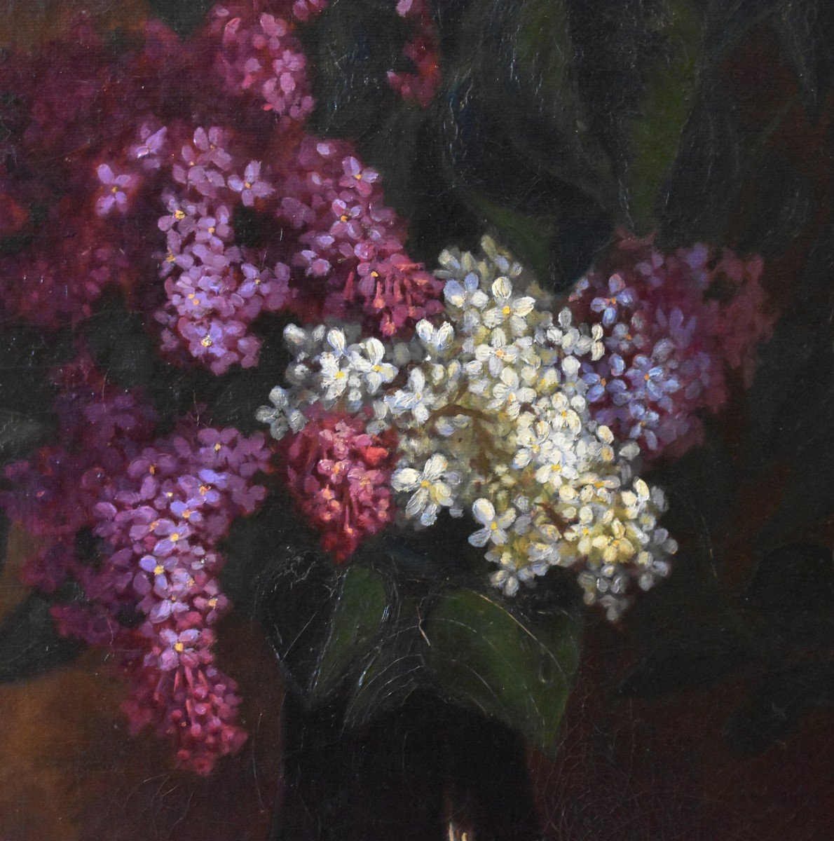 Painting Bouquet Of Lilac Flowers, Painting Signed E. Guimard, Oil On Canvas Still Life-photo-4