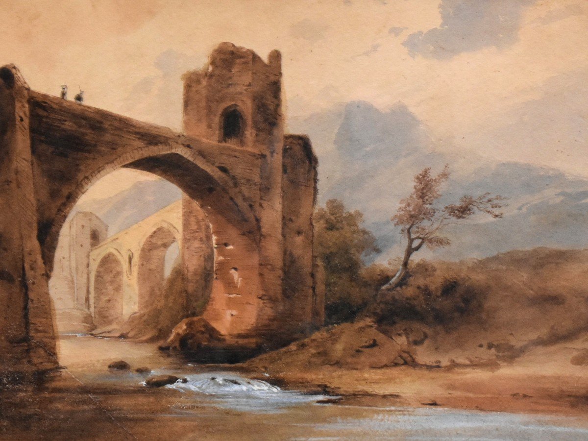 Aquarelle encadrée , Ecole Française De La Fin Du XIXe, Paysage Avec Pont et  Ruines Animés, petit cours d'eau ,  cadre doré.-photo-1