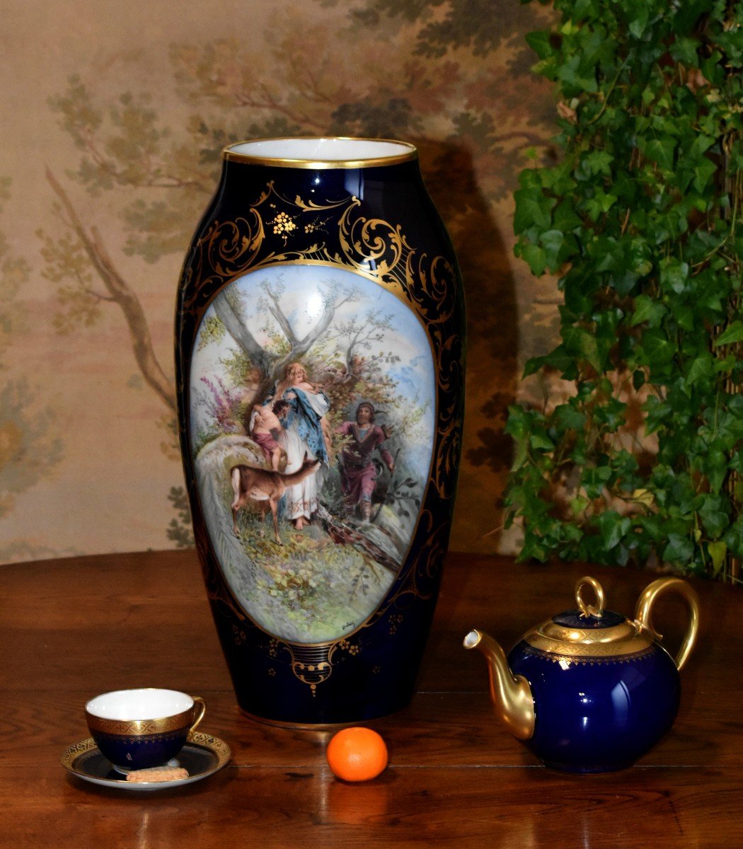 Very Important Limoges Porcelain Vase In Oven Blue And Nordic Mythological Scene,-photo-4